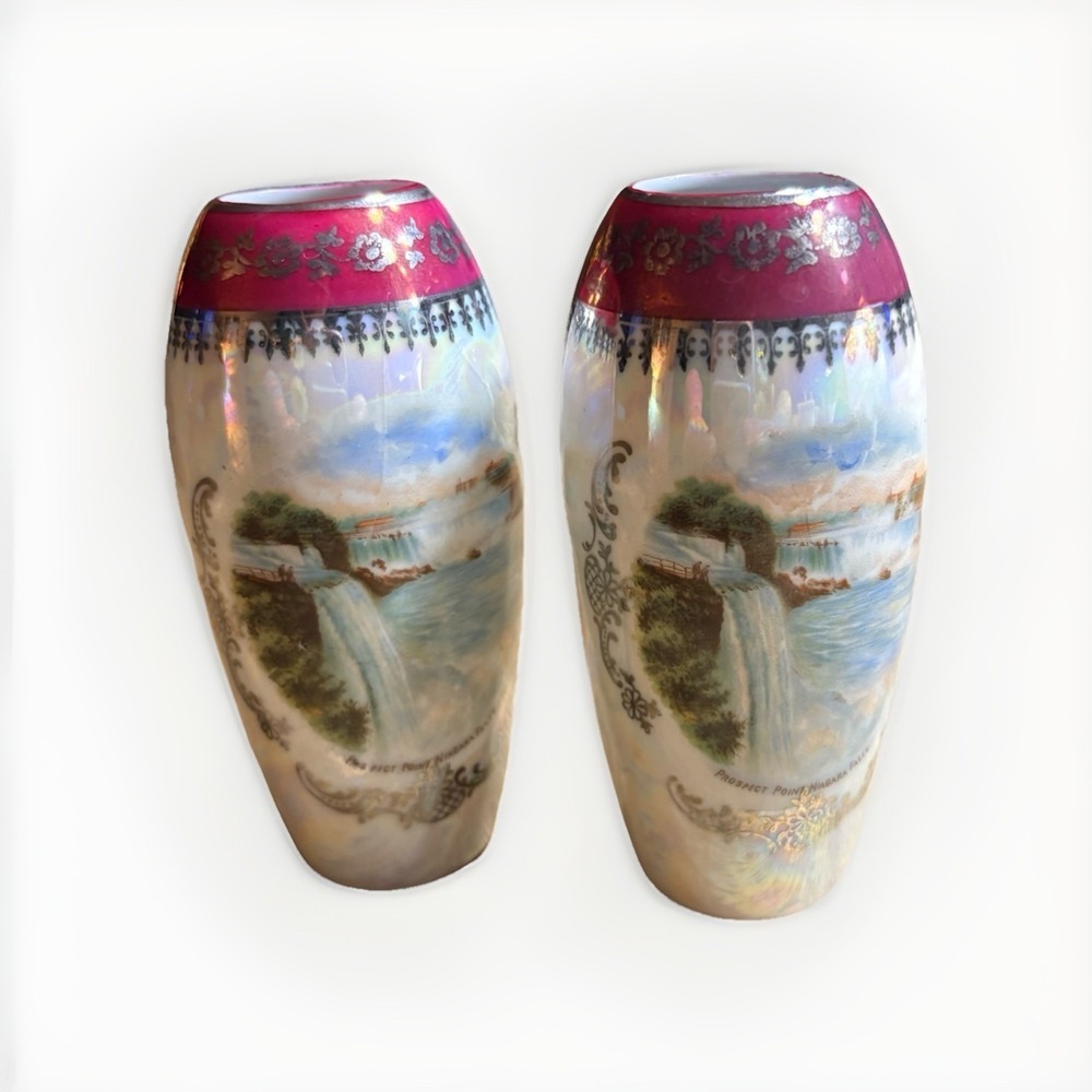 Vintage Niagara Falls Souvenir Vase Prospect Point Germany Set Of 2